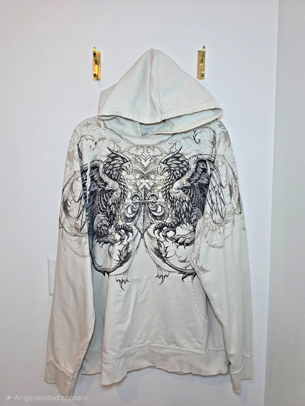 Affliction Hoodie Mens Large Gray Y2K Grunge Studded Eagle Cyber AOP Heavy